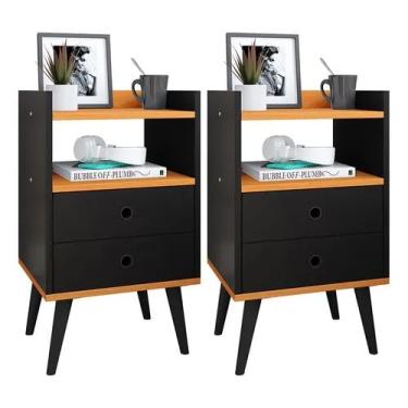 Imagem de Mesa cabeceira kit 2 dream decoração sala estar jantar cama casal preto detalhe em madeira pés preto criado suporte lateral