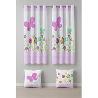 Imagem de Cortina Infantil com 2 Capas de Almofada, 2,00x1,50m, Poliéster Estampado, Decorativa, Quarto (JARDIM ENCANTADO)