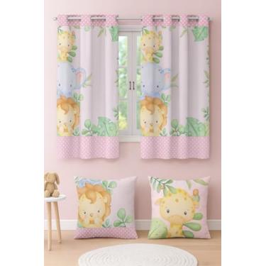 Imagem de Cortina Infantil Decorativa com 2 Capas de Almofada, 2m x 1,5m, Poliéster Estampado, para Quarto (SAFARI AMIGUINHO ROSA)