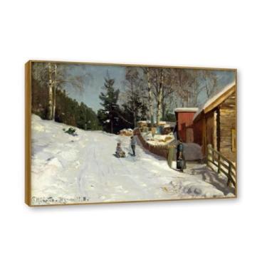 Imagem de NHLDZYH Moldura externa de teca. Famosas pinturas a óleo (ruas da vila de neve) por Peder Mork Monsted, reprodução impressa em tela, arte de cenário para decoração de sala de estar. 40 x 56 cm - 15,7
