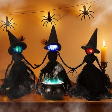 Imagem de Amyhill 4 peças de decoração de Halloween, 3 bruxas, ambientes internos com caldeirão, bruxas, de mãos dadas, mesa de centro de mesa, rosto assustador e brilhante para decoração de bandeja de