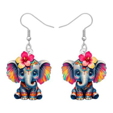 Imagem de DOWAY Brincos de elefante africano florais de acrílico pendurados, joias de anime de desenho animado, brincos de elefante africano, presentes para mulheres amantes da natureza, Medium, Acrílico, Sem