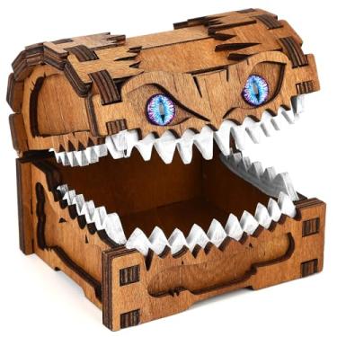 Imagem de JULEASEL Mimic Dice Box – Baú de tesouro de monstro de madeira com dentes e olhos verdes, armazenamento de dados engraçado para RPG de mesa e jogos de fantasia (Starfang)