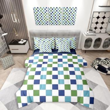 Imagem de Erosebridal Conjunto de edredom xadrez azul e verde, tamanho solteiro, 7 peças, azul-marinho, azul-petróleo, branco, quadriculado, lençol geométrico, buffalo, guingão, para decoração de quarto