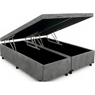 Imagem de Cama Box Baú King Bipartida, 203x193x42 cm, Suporta 200kg por Lado, com Pistão a Gás (Suede Cinza)