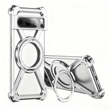 Imagem de Asdsinfor Capa esqueleto para Google 8 Pro estilo titânio proteção contra quedas de grau militar 360° com suporte giratório compatível com amortecedor de carga rápida para Google Pixel 8 Pro. JJ Prata