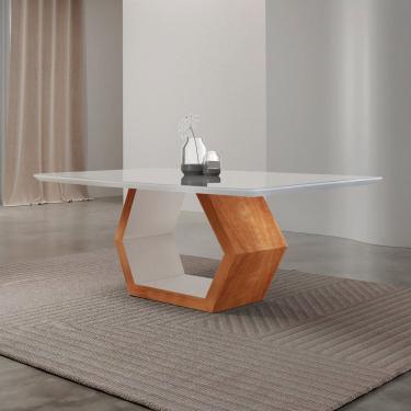 Imagem de Mesa de Jantar 180cm X 80cm Tampo Madeira com Vidro Sarah Laqueado Off White/ Cinamomo Imbuia