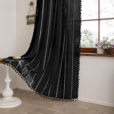 Imagem de BTTN Conjunto de 2 painéis de cortinas de 153 cm de comprimento, Boho Farmhouse, linho texturizado, bordado, borla, para quarto, sala de estar, berçário, boêmio, vintage, luxuoso, bonito