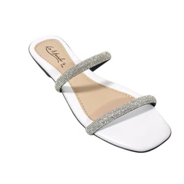 Imagem de Sandália Rasteira Feminina, Branca com Tiras de Strass, Bico Quadrado, Minimalista, 1.5cm (Branca, BR, Adulto, Numérico, M, 39)