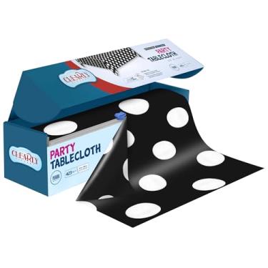 Imagem de Clearly Rolo de toalha de mesa de plástico preto e branco de bolinhas com cortador, 423 pés quadrados (132 x 2,999 cm) Toalha de mesa de plástico descartável extra grande para festas, eventos e