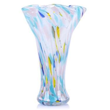 Imagem de Vasos de vidro azul de 23 cm H para flores, vaso de vidro soprado à mão exclusivo azul para decoração de casa, vaso de flores coloridas de boca larga, para sala de estar, mesa de livros, prateleira