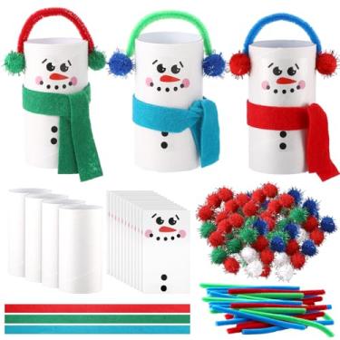 Imagem de Syhood Conjunto de 12 rolos para artesanato de boneco de neve, tubos de papelão, bonecos de neve, incluindo adesivos de rosto de boneco de neve, 2 x 4 tubos de papelão, pompons, limpadores de cachimbo