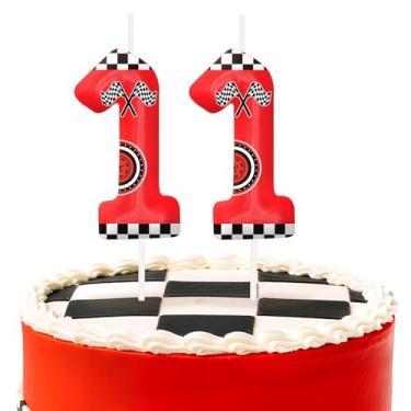 Imagem de Velas vermelhas de aniversário número 11, topo de bolo temático de carros de corrida para decoração de bolo para meninos e meninas, decorações de aniversário, suprimentos de festa, velas numéricas