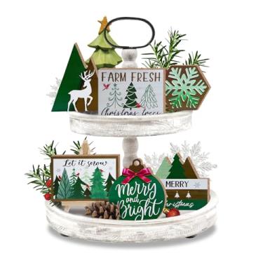 Imagem de Guoofu 11 peças, decoração de bandeja verde de Feliz Natal, bolas de árvore de Natal, rena, floco de neve, casa de fazenda, conjunto de decorações de madeira, placas decorativas de madeira rústica