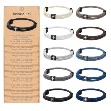 Imagem de LEFTSTARER Pulseira de cruz cristã trançada ajustável para homens e mulheres, pulseira Jesus WWJD presente de batismo religioso com versículo da Bíblia Josué 1:9 cartão, 10.6 inches, Nylon, Sem Pedra
