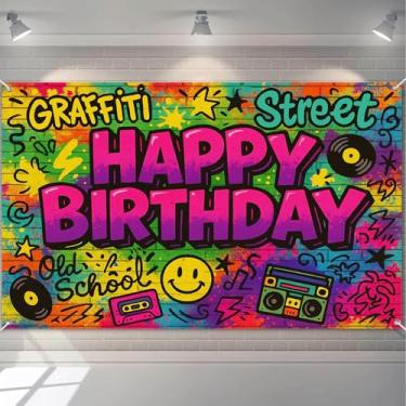 Imagem de HOMETITUTE Banner Graffiti Street Happy Birthday Banner Graffiti com fita cassete de vinil e rostos sorridentes pano de fundo de aniversário para festa infantil ao ar livre feriado fotografia banner
