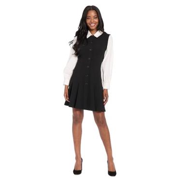 Imagem de London Times Vestidos femininos de trabalho de manga comprida com botões frontais e flare para escritório profissional, Preto, G