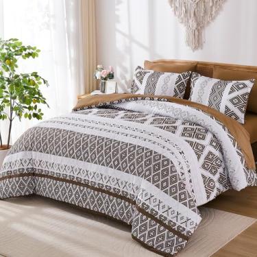 Imagem de Luxudecor Conjunto de edredom marrom, tamanho king, 7 peças, boêmio, asteca, cama com estampa geométrica listrada em um saco, conjunto de cama de microfibra macia 264 x 228 cm
