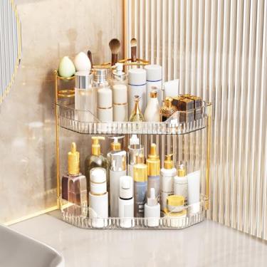 Imagem de ZZWILLB Organizador de canto para banheiro com suporte de pincel de maquiagem e porta-escovas de dentes, organizador de maquiagem para bancada, prateleira de armazenamento de acrílico para cuidados
