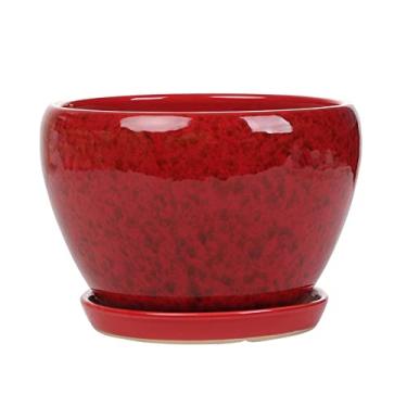 Imagem de Vaso de plantas verde endro pequeno vaso de flores verde vaso de jardim vaso de flores para decoração de mesa vaso de cerâmica redondo grande, médio e pequeno bonsai (azul 17,5 cm x 12 cm) (vermelho