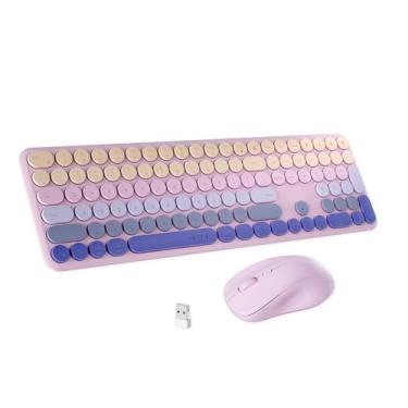 Imagem de FCPLU Teclado e mouse sem fio para computador xUBOTIE, colorido arco-íris, 100 teclas redondas para PC (gradiente pêssego)
