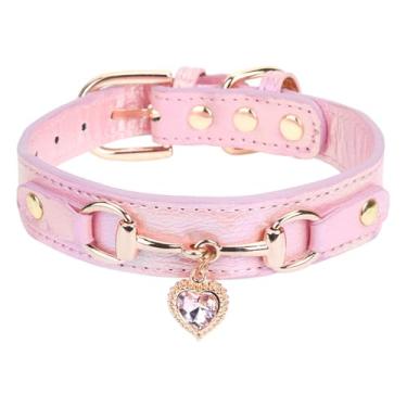 Imagem de Coleira de cachorro com pingente de coração brilhante: colar de strass de couro ajustável rosa acessórios para animais de estimação tamanhos P cães pequenos e médios, 27 a 33 cm