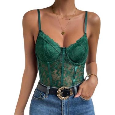 Imagem de Bodysuit Milumia, espartilho feminino sexy de malha de renda verde esc
