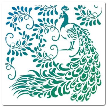 Imagem de GORGECRAFT Estêncil de pavão quadrado grande 29 x 29 cm animal decorativo pássaro pavão molde plástico vazado estêncil para pintura em madeira, parede, cartão, tela, azulejo, desenho, scrapbook
