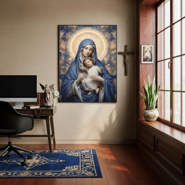 Imagem de Quadro Maria Com Menino Jesus Azul e Bege - 70x50cm - Quadros On-line,