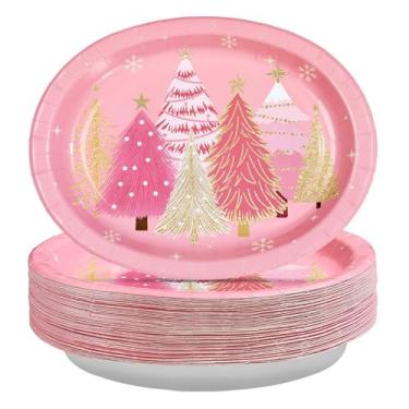 Imagem de Greencian 50 peças de pratos de papel ovais de Natal 25,4 x 30,5 cm, grandes, descartáveis, resistentes, para árvore de Natal, pratos de sobremesa de floco de neve de inverno, para suprimentos de