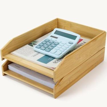 Imagem de Multibey Pacote com 2 bandejas de papel empilháveis de madeira para material de escritório e acessórios - Bandeja organizadora de mesa para revistas de documentos - Suporte de pasta de arquivo de mesa