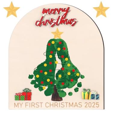 Imagem de Thyle Baby's First DIY Pegada de Natal Artesanato Luzes de Árvore de Natal de Madeira Decoração de Natal Rústico Enfeite de Quarto de Bebé Decorativo para Chá de Bebê Lembrança Presente de Lembrança