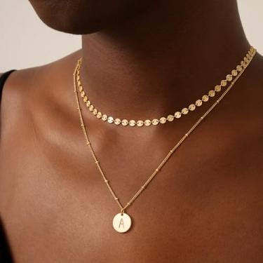 Imagem de Colar de ouro delicado com inicial em camadas banhado a ouro 14 K com corrente de contas e letras para mulheres, joias personalizadas minimalistas, Medium, Latão, Sem Pedra Preciosa