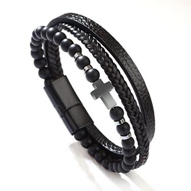 Imagem de Pulseira masculina com fecho de aço inoxidável com contas de couro trançado multicamadas corrente para homens joias presente, One Size, Aço inoxidável, Sem Pedra Preciosa