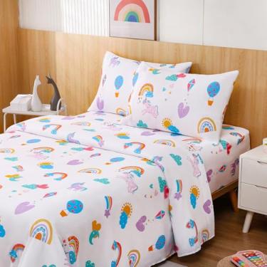 Imagem de Swiftify Jogo de lençol casal para crianças, unicórnio, arco-íris, jogo de cama de 4 peças para meninos e meninas, roupa de cama de microfibra macia escovada, bolso profundo, resistente a rugas e