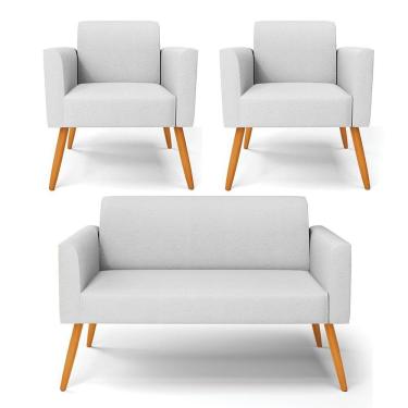 Imagem de Sofá Namoradeira Com 2 Poltronas Pés Palito Castanho Marisa Linho Cinza A05 D03 - D'rossi