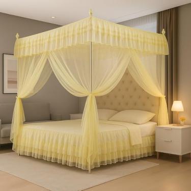 Imagem de Mosquiteiro Palácio Casal/Queen Completo com Armação – Renda Luxuosa Volta ao Mundo, 4 Portas, Estilo Romântico, Anti-Mosquito e Decorativo(Bege,Casal)