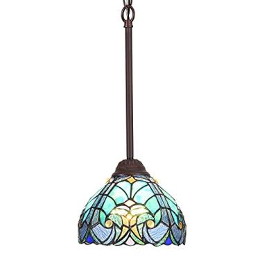 Imagem de Cotoss Luminária pendente Tiffany verde mar 20,32 cm de largura vitral para sala de jantar cozinha ilha estudo corredor