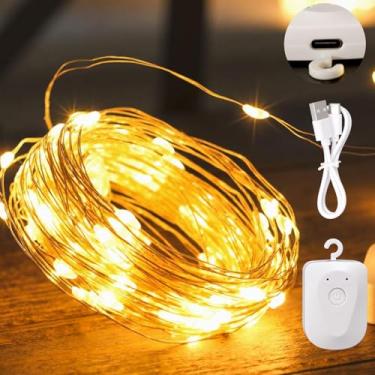 Imagem de DomeStar Pacote com 2 cordões de luzes, luzes LED operadas por bateria, recarregáveis, para quarto, foto, parede, decoração de Natal (branco quente de 80 metros)