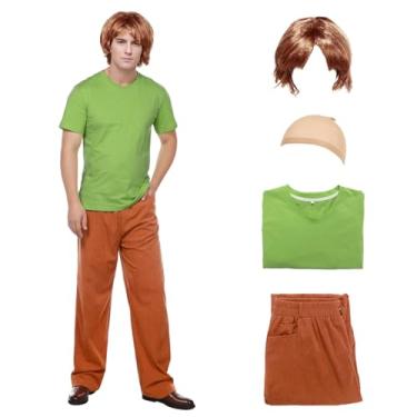 Imagem de SERTAS Mens Halloween Costume, Mystery Solving Detective Suit with Wig Green Shirt & Brown Pants for Men Cosplay