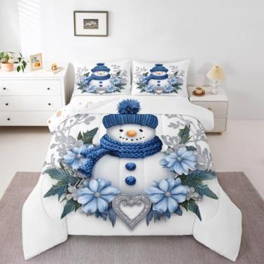 Imagem de Erosebridal Conjunto de cama solteiro com boneco de neve azul, feliz Natal, para crianças, meninos, meninas, adolescentes, desenho animado, flores, floco de neve, enchimento de edredom, azul e cinza