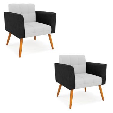 Imagem de Poltrona Pés Palito Castanho Kit 2 Elisa Preto-linho Cinza A05 D03 - D'rossi