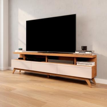 Imagem de Rack Aparador 3 Gavetas Para Tv At&eacute; 70&Prime; Com P&eacute;s De Madeira - Nature/off White