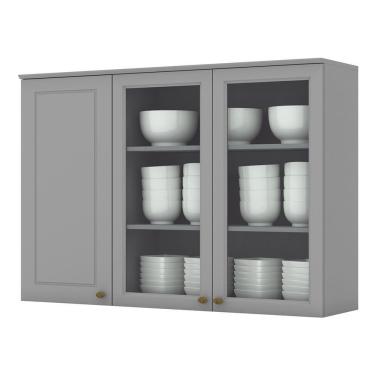 Imagem de Armário Aéreo 3 Portas De Vidro 120cm Americana Cinza - Móveis Henn Cinza