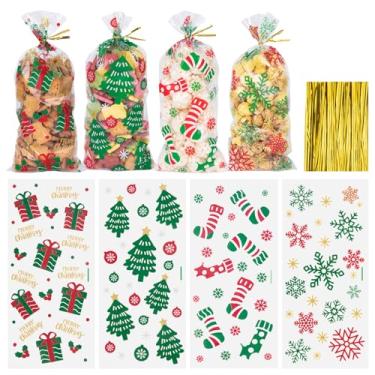 Imagem de Aubeco 120 unidades de sacos de guloseimas de Natal, 27 x 12 cm sacos de celofane transparente com laços dourados torcidos para festas, lanches, embalagem de biscoitos (árvore de Natal, presente)