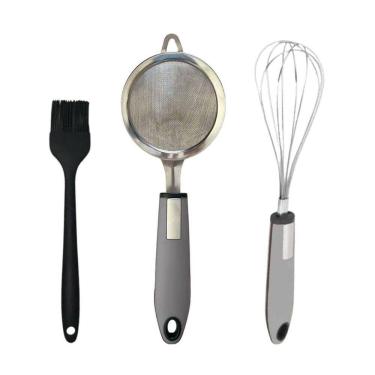 Imagem de Kit Cozinha Pincel Silicone Peneira Em Inox E Batedor Cinza