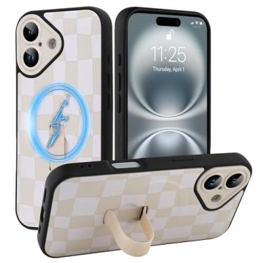 Imagem de SOKAD Capa quadriculada magnética para iPhone 16 com suporte de alça de dedo, compatível com Magsafe, lindo tabuleiro de xadrez projetado para mulheres e homens, capa de proteção completa para câmera