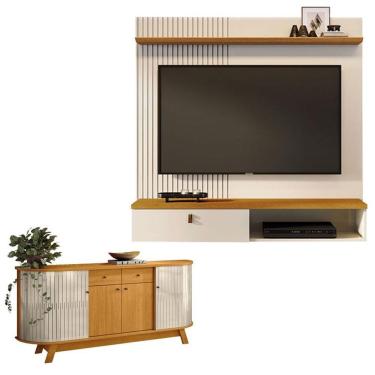 Imagem de Estante Home Theater Suspenso íris Com Aparador Para Sala Buffet Mônaco Cinamomo Off White - Madetec