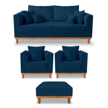 Imagem de Kit Sofá 3 Lugares E 2 Poltronas Beny + Puff Isa Linho Azul