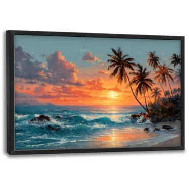 Imagem de Glocmna Arte de parede grande para sala de estar praia pôr do sol ondas do oceano decoração de parede tropical palmeiras costeiras cenário tela grande paisagem marítima pintura impressão emoldurada